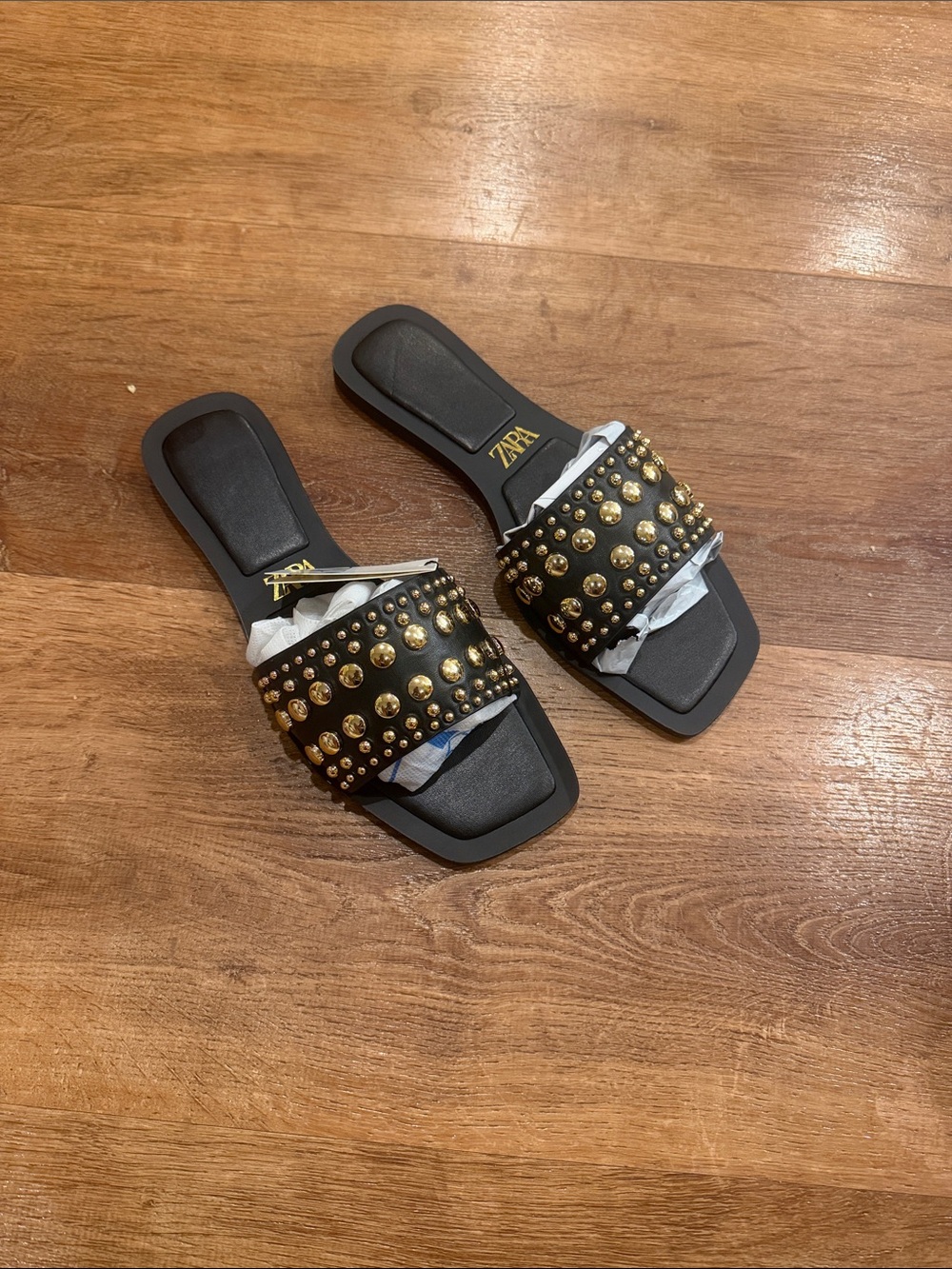Size 37 ZARA Black Slide Sandals with Gold Stud Accents no box